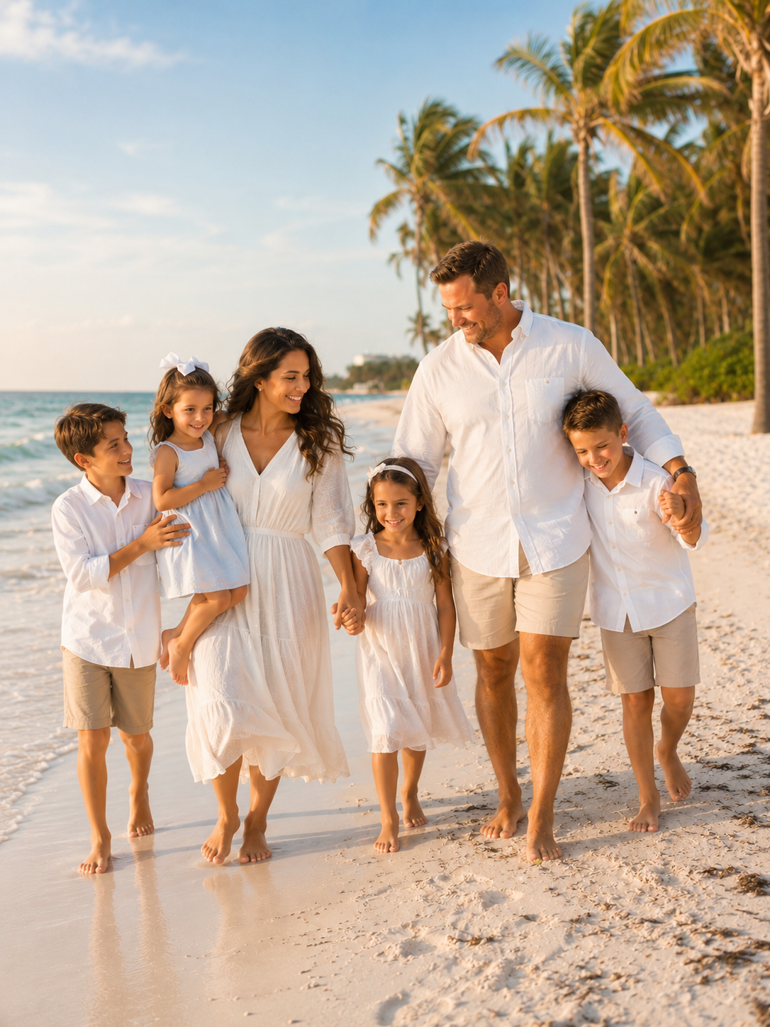 A happy family walking together on a sunny beach
